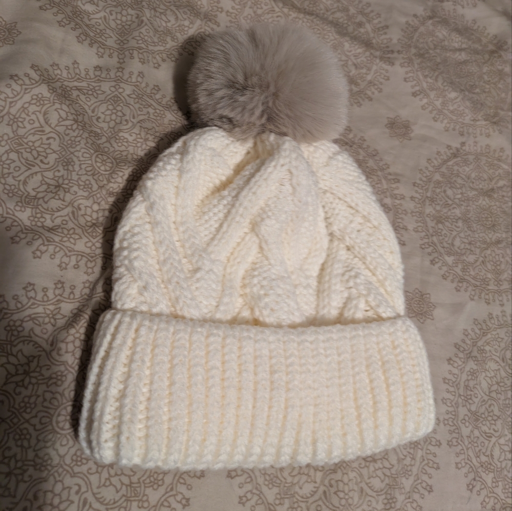 Pom pom hat, winter hat, white crochet beanie